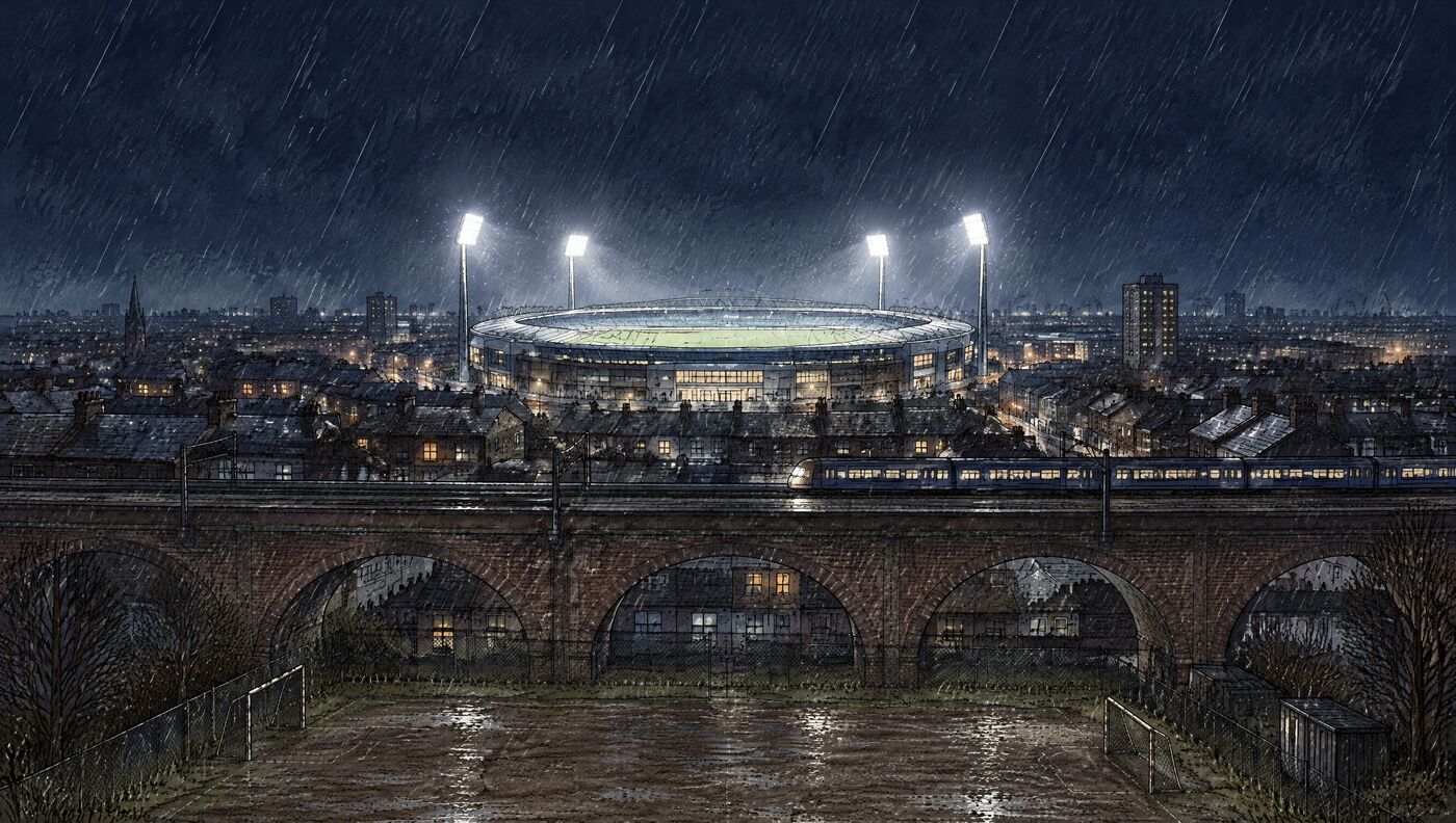 A floodlit stadium glowing over rainy London rooftops
